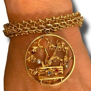 Vintage HEAVY SOLID 14K Yellow Gold 10mm Wide 6.5” Charm Bracelet Tree Of Life!